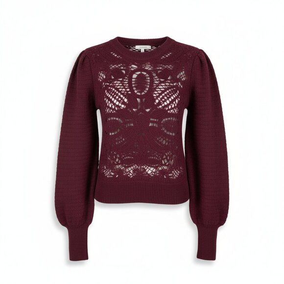 Joie Burgundy Embroidered Knit Puff Sleeve Sweater Sheer Front Size S